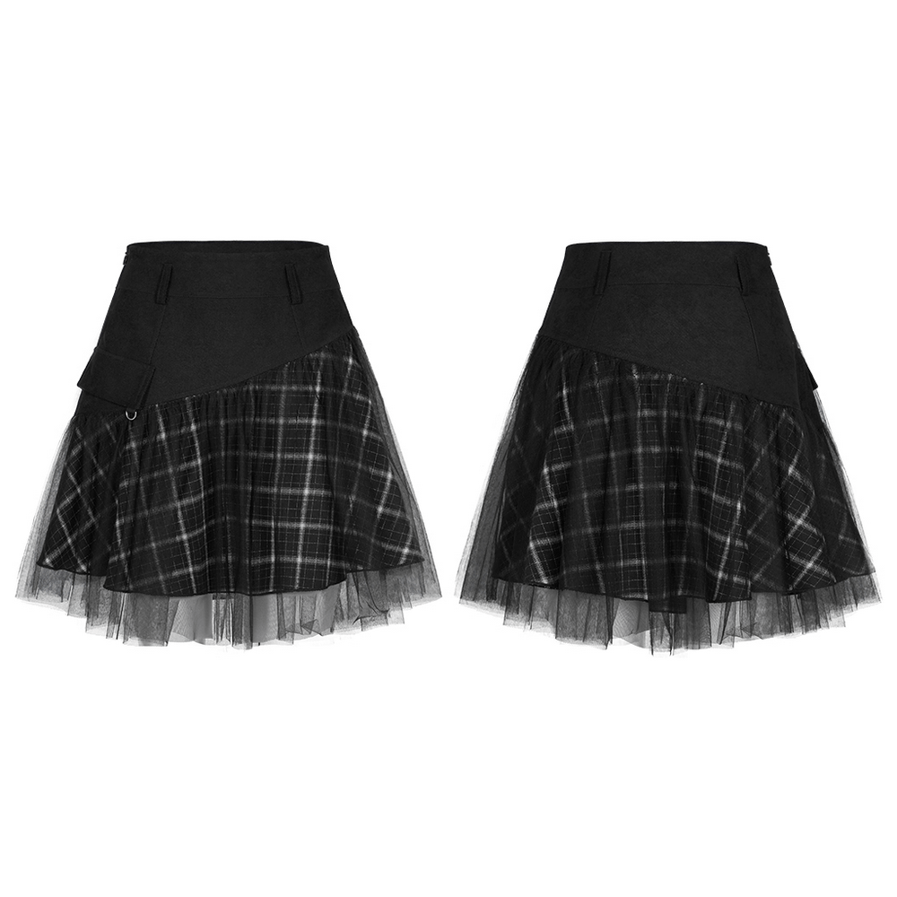 Edgy high-waist plaid and tulle punk mini skirt with a dramatic hem and D-buckle accent for a bold look.