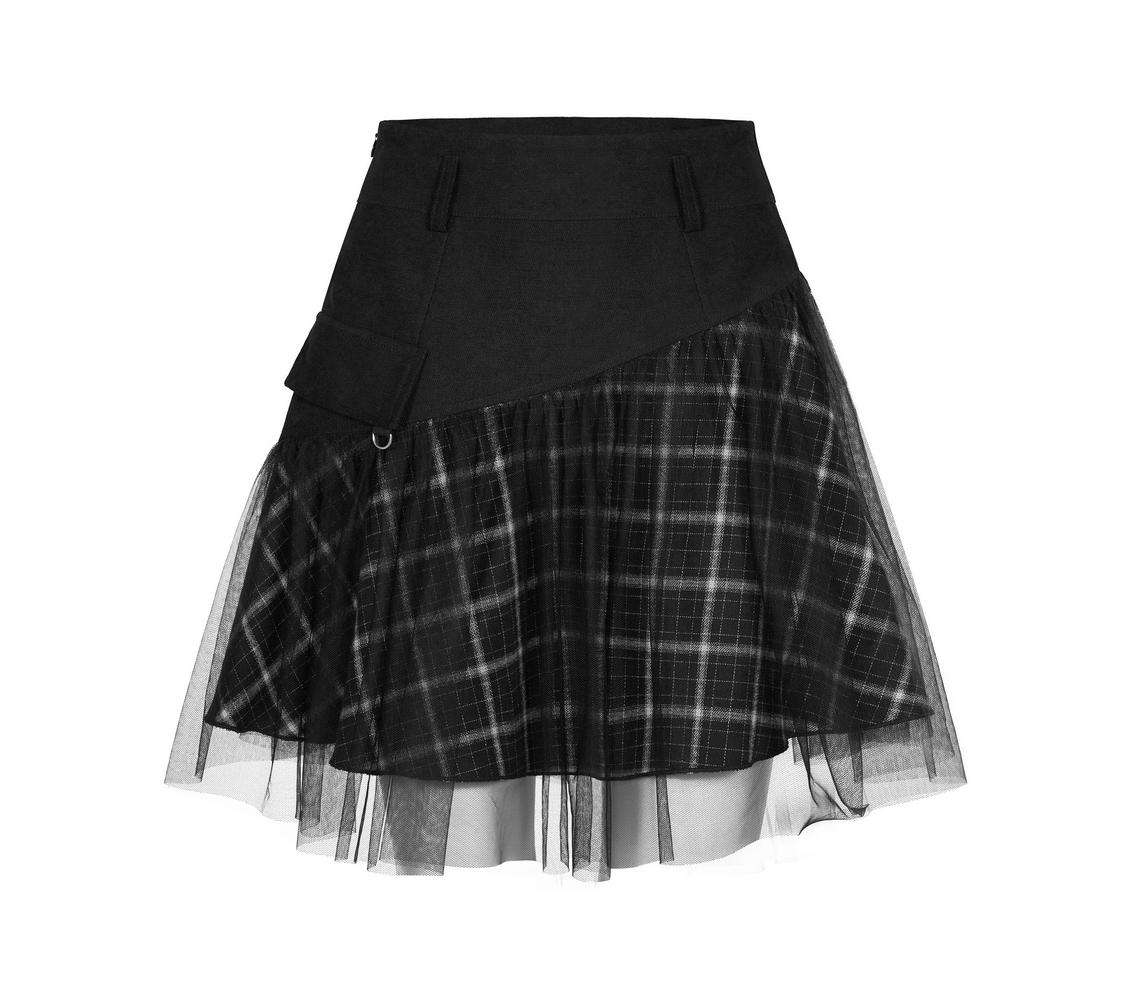 Edgy high-waist plaid and tulle punk mini skirt with D-buckle detail, perfect for a bold, stylish look.