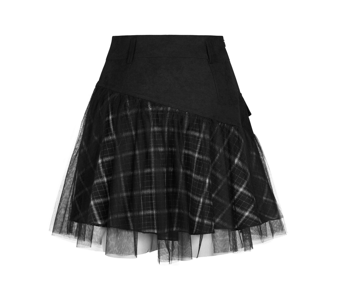 Edgy high-waist plaid and tulle punk mini skirt with black plaid and mesh layers for a stylish silhouette.