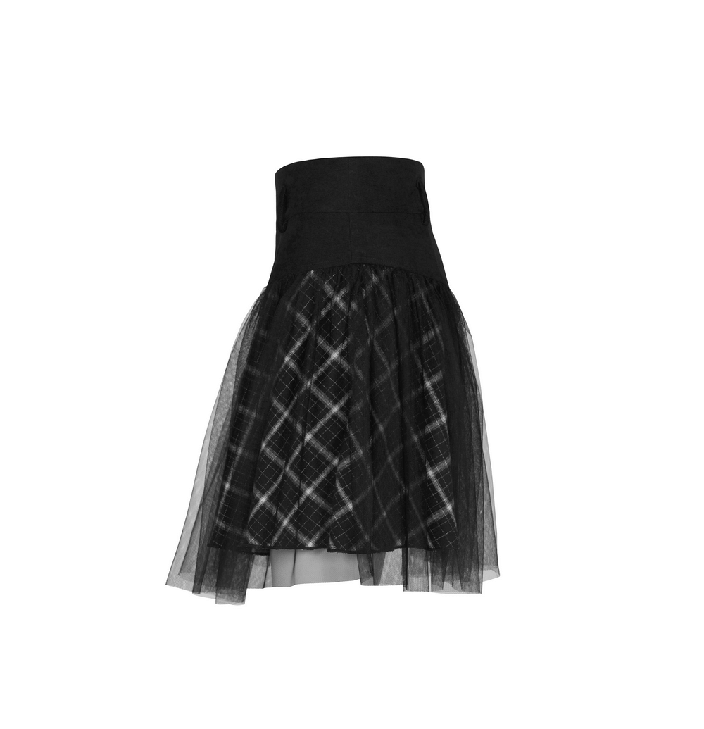 Edgy high-waist plaid and tulle punk mini skirt with dramatic silhouette and layered design.