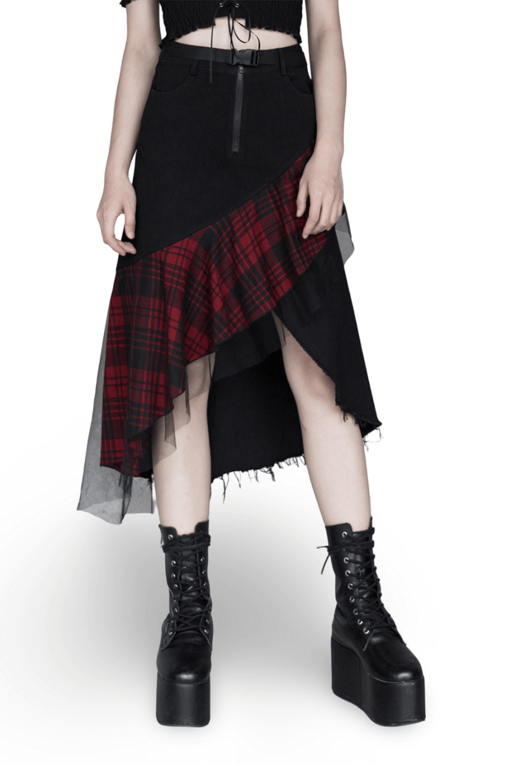 Edgy High-Waist Plaid Skirt With Irregular Hem