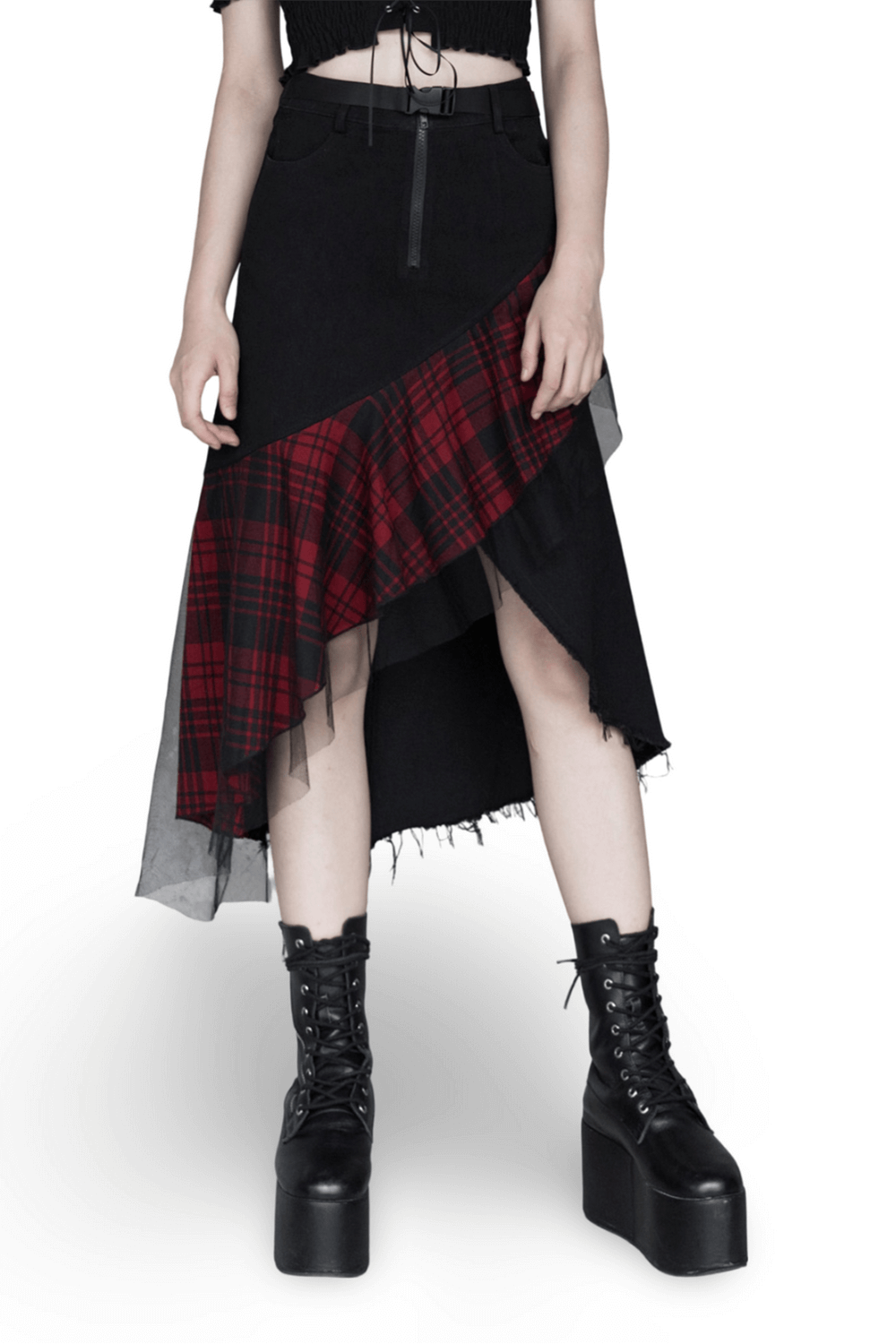 Edgy high-waist plaid skirt with irregular hem, perfect for a punk rock style, featuring dramatic silhouette and plaid mesh.