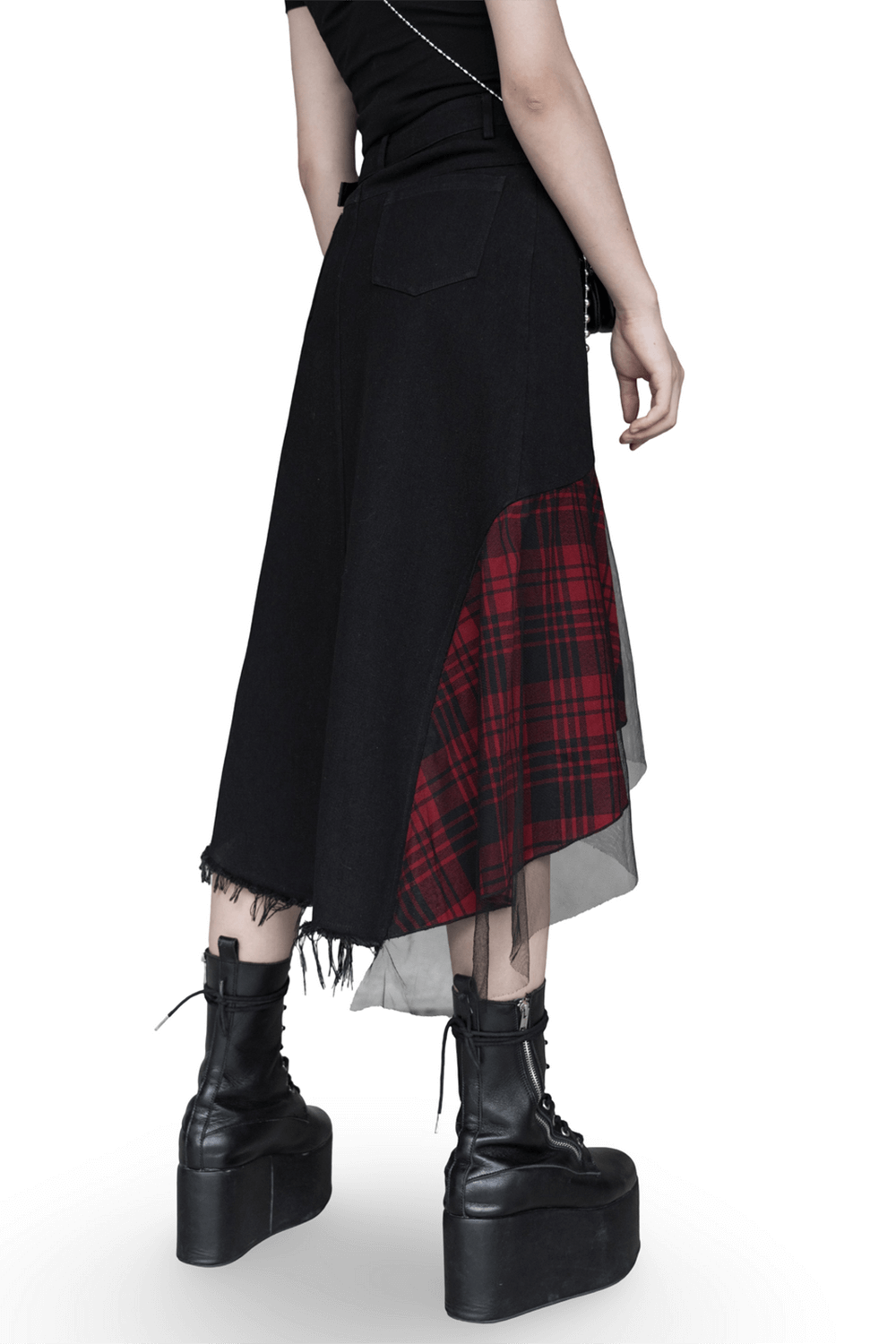 Edgy high-waist plaid skirt with irregular hem, featuring punk rock flair and dramatic silhouette.