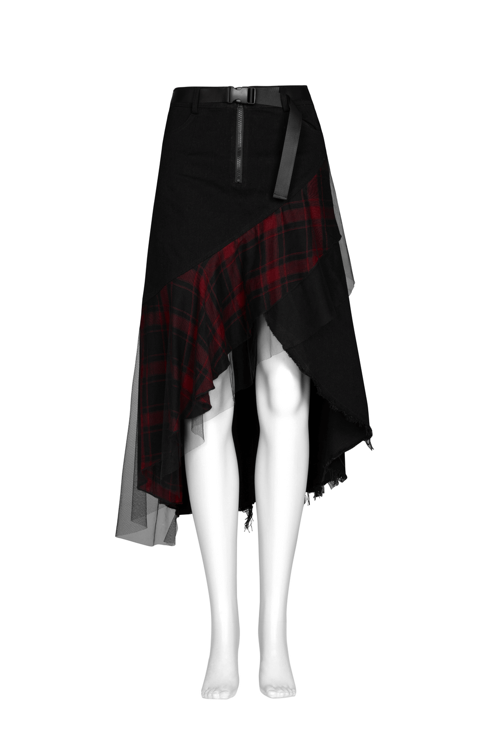 Edgy high-waist plaid skirt with irregular hem and mesh details, perfect for a punk rock look.