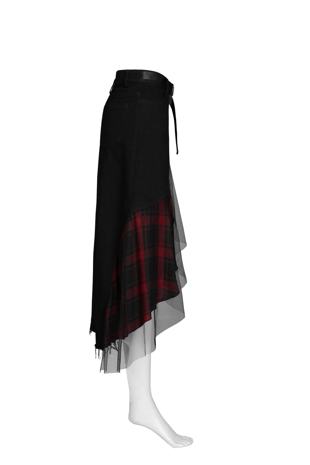 Edgy high-waist plaid skirt with irregular hem showcasing punk style and dramatic silhouette.