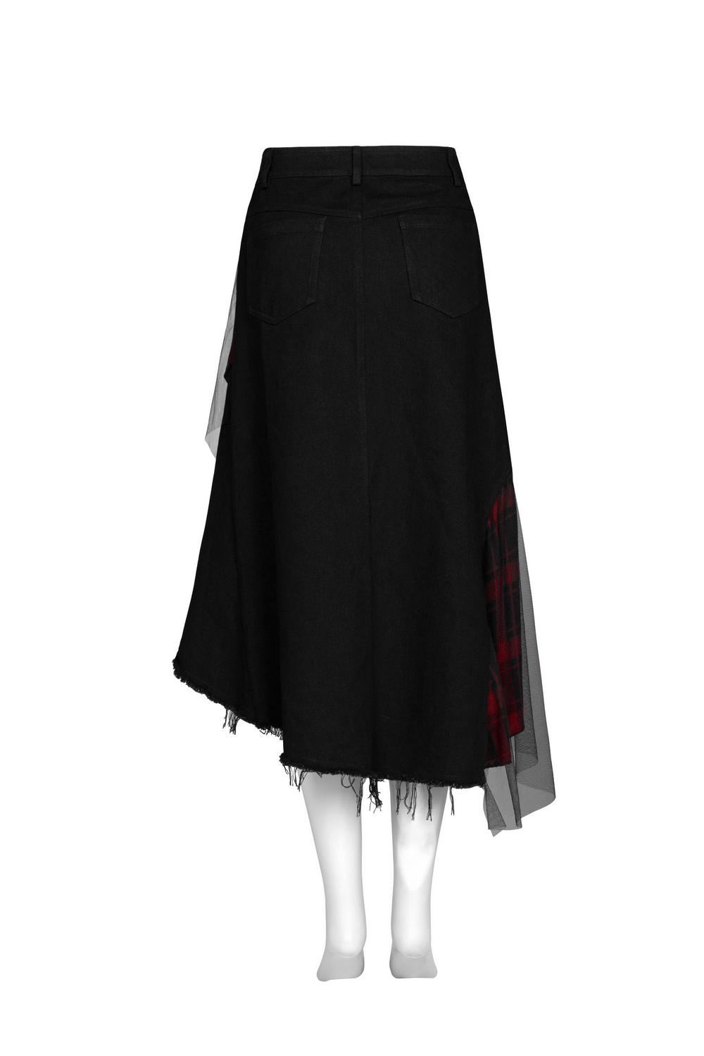 Back view of edgy high-waist plaid skirt with irregular hem and plaid mesh detail, perfect for punk rock outfits.