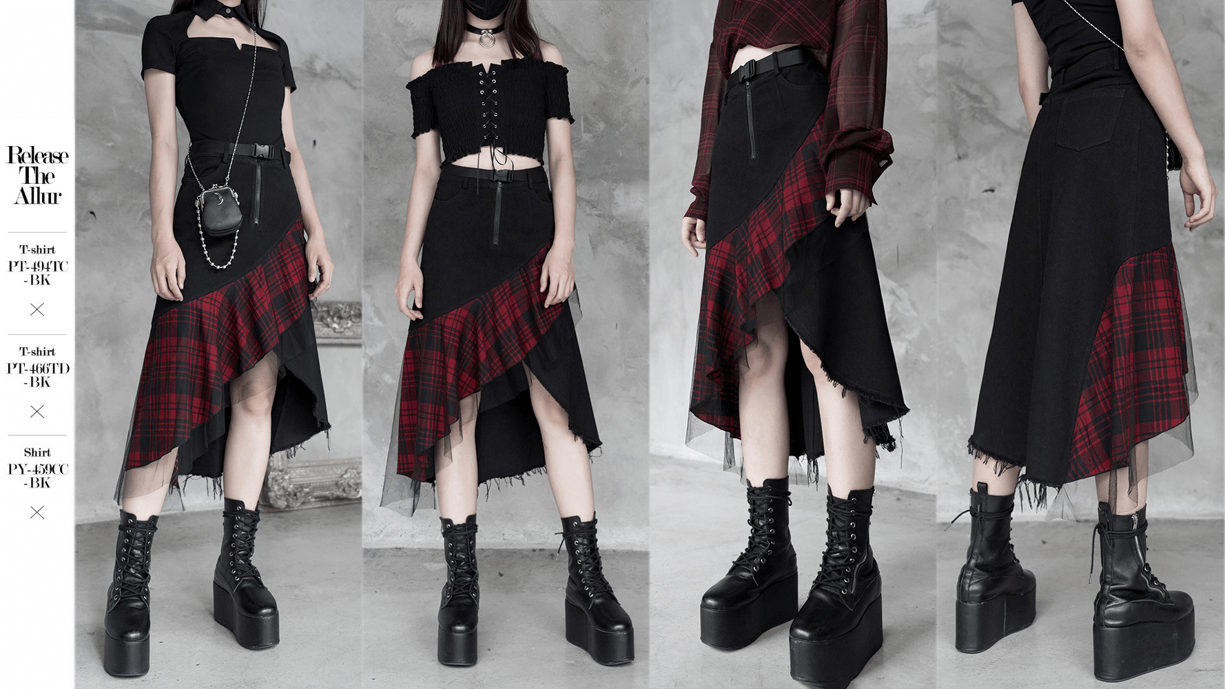 Punk-inspired high-waist plaid skirt with irregular hem styled with edgy outfits and chunky boots.