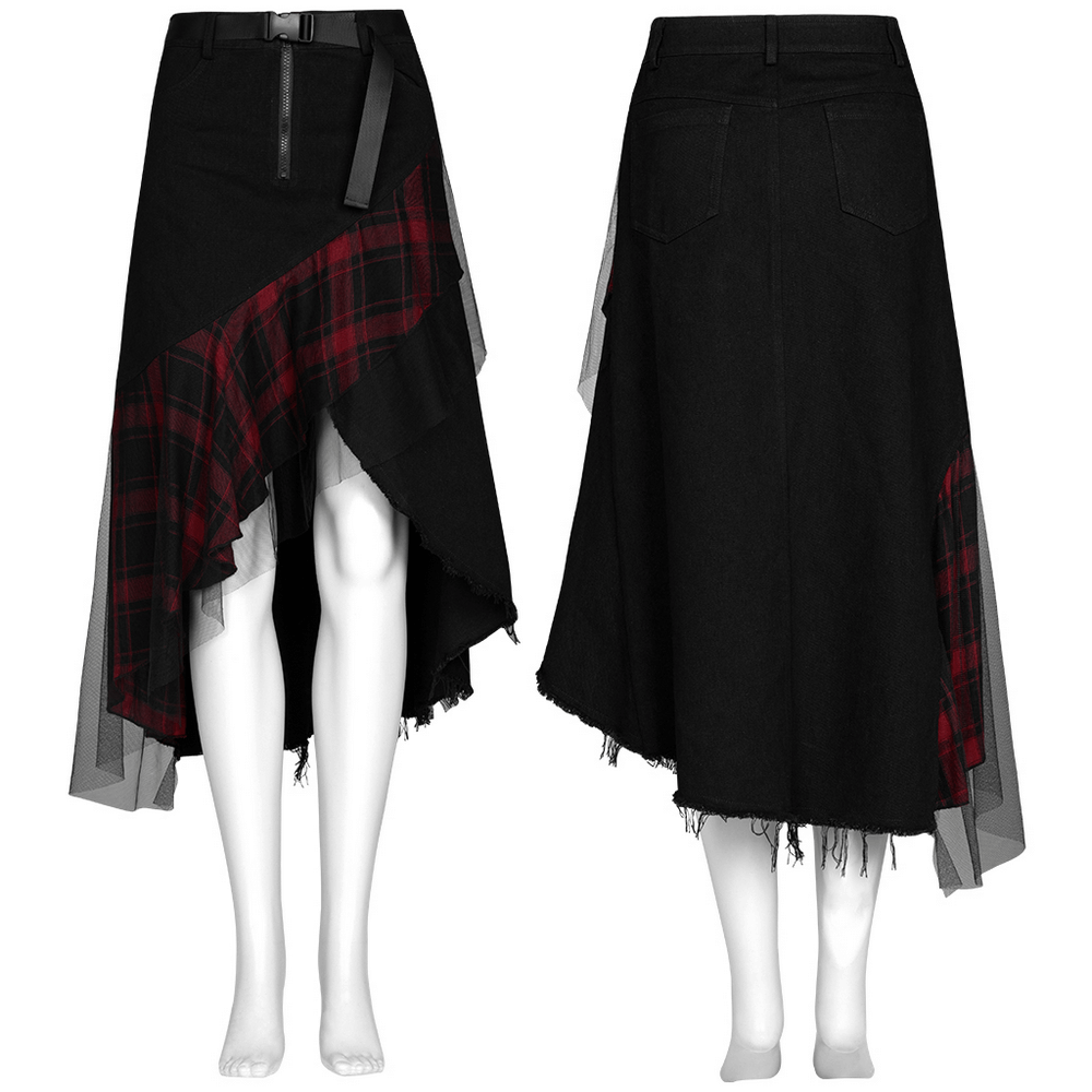Edgy high-waist plaid skirt with irregular hem and mesh detailing, perfect for punk rock style.