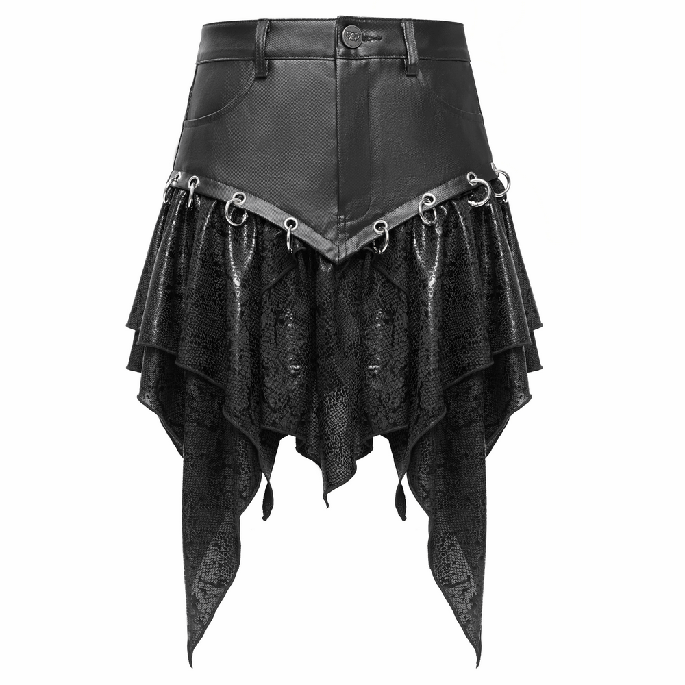 Edgy high-waisted asymmetric mini skirt with snake print and metal ring details, perfect for punk fashion lovers.