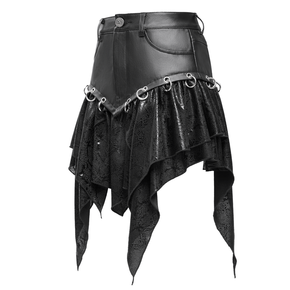 Edgy high-waisted mini skirt with snake print and metal ring accents, featuring an irregular hemline for a punk style.