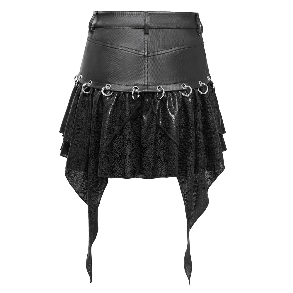 Edgy high-waisted asymmetric mini skirt with snake print and metal ring accents, perfect for punk fashion.