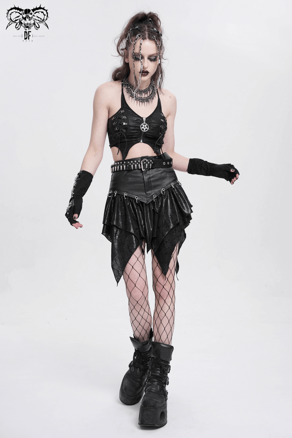 Edgy high-waisted mini skirt with asymmetric hem, snake print panels, and metal accents for a punk fashion statement.