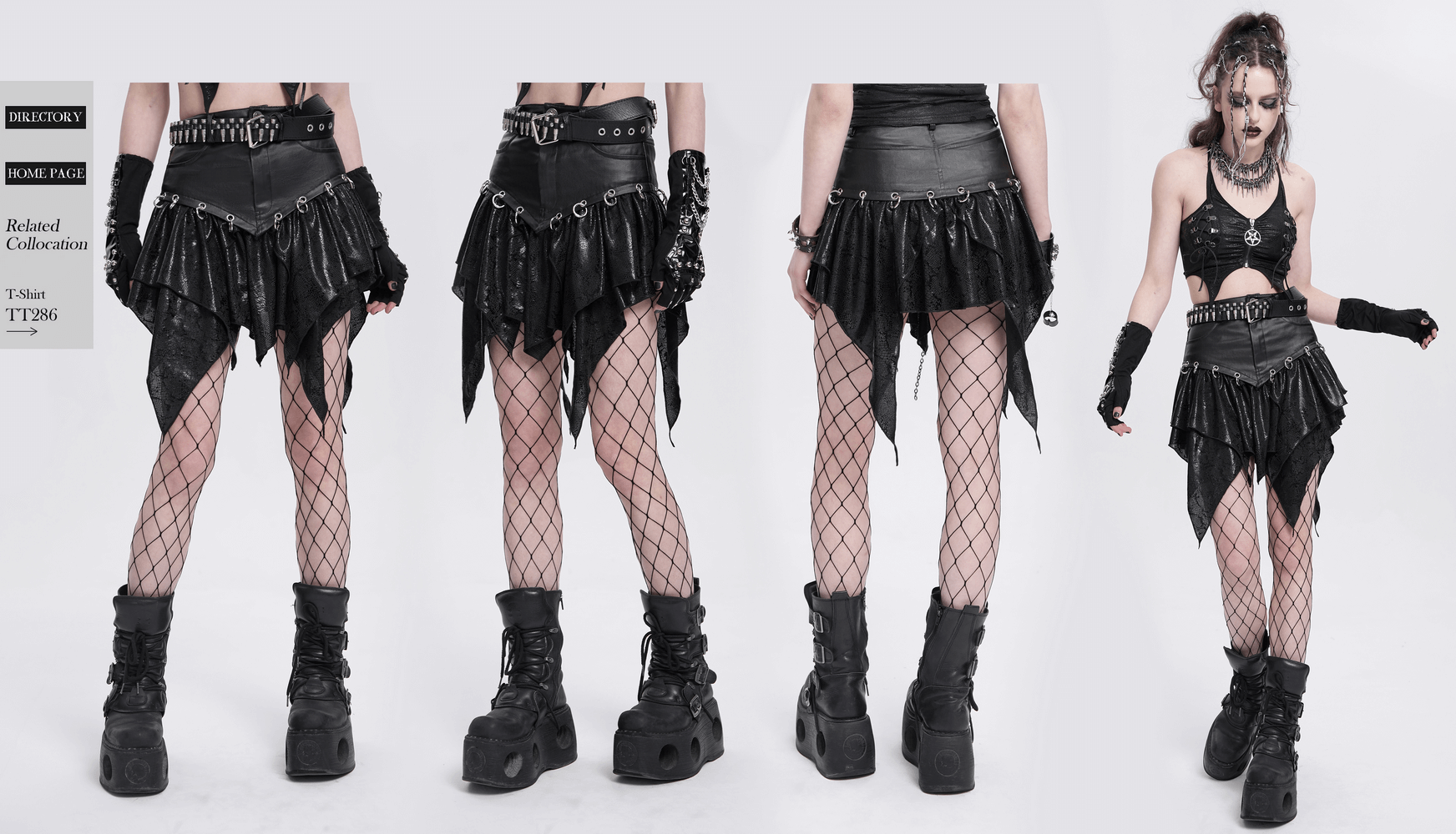 Punk high-waisted mini skirt with irregular hem, snake print, and metal accents, styled with fishnet stockings and platform boots.