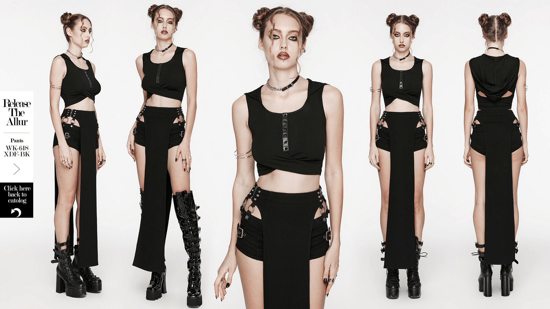 Edgy black cropped top with pleated design, paired with stylish bold black pants. Perfect for urban chic looks.