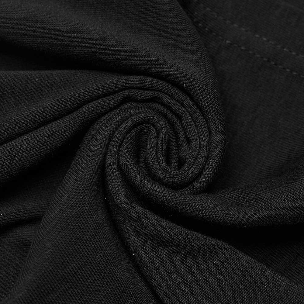 Close-up of black stretch knit fabric, showcasing its soft texture and elegant drape for an edgy hooded top.
