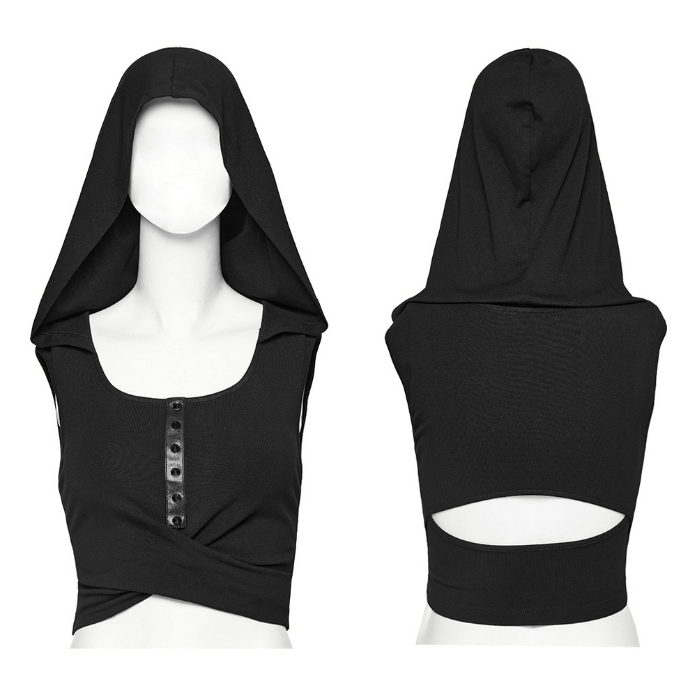 Edgy Hooded Cropped Top with Pleated Cross Design