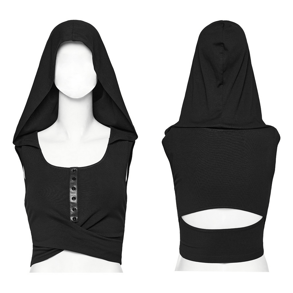 Edgy black hooded cropped top with pleated cross design and hollow back, perfect for urban chic style.