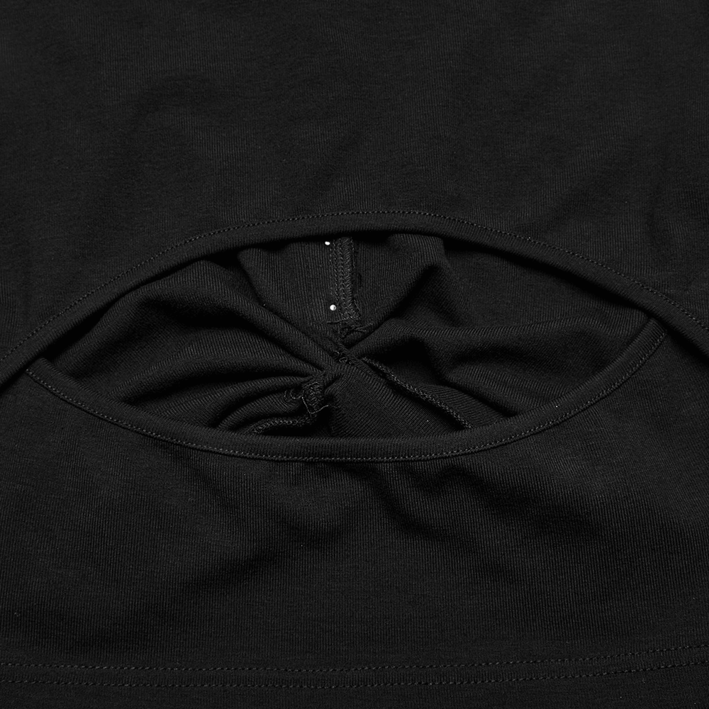Close-up of the stylish hollow back design on an edgy hooded cropped top, showcasing intricate pleating.