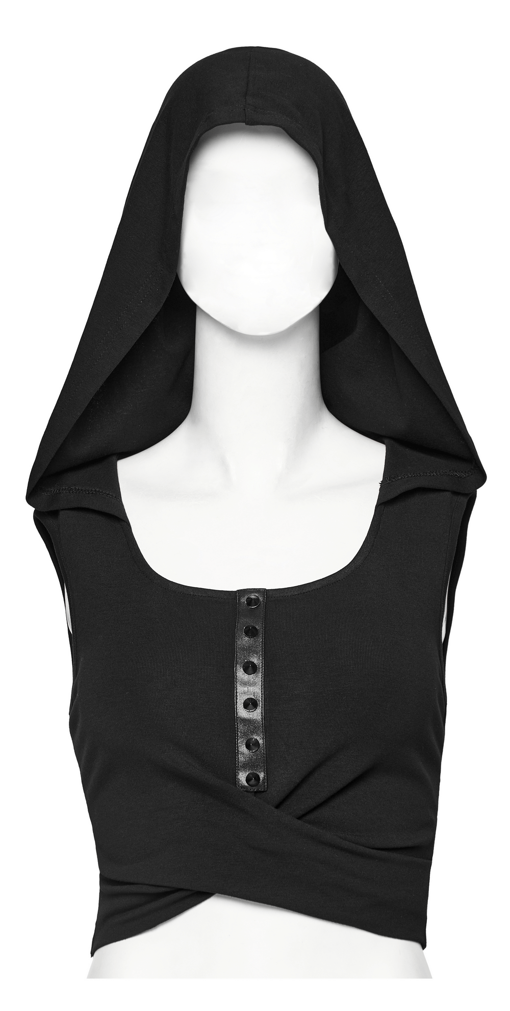 Edgy hooded cropped top with pleated cross design in black, featuring button details and a sleek fit.