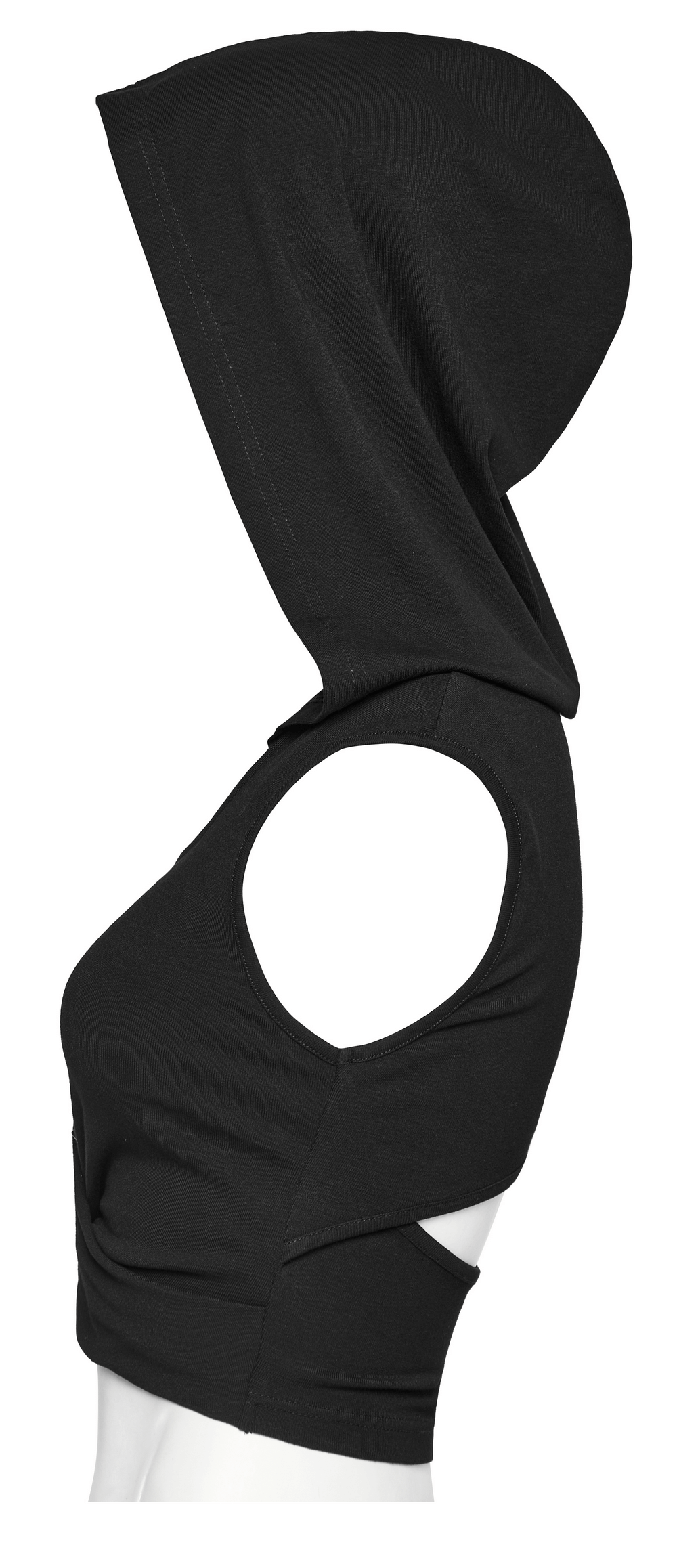 Edgy hooded cropped top with pleated cross design, showcasing a sleek fit and urban chic style.