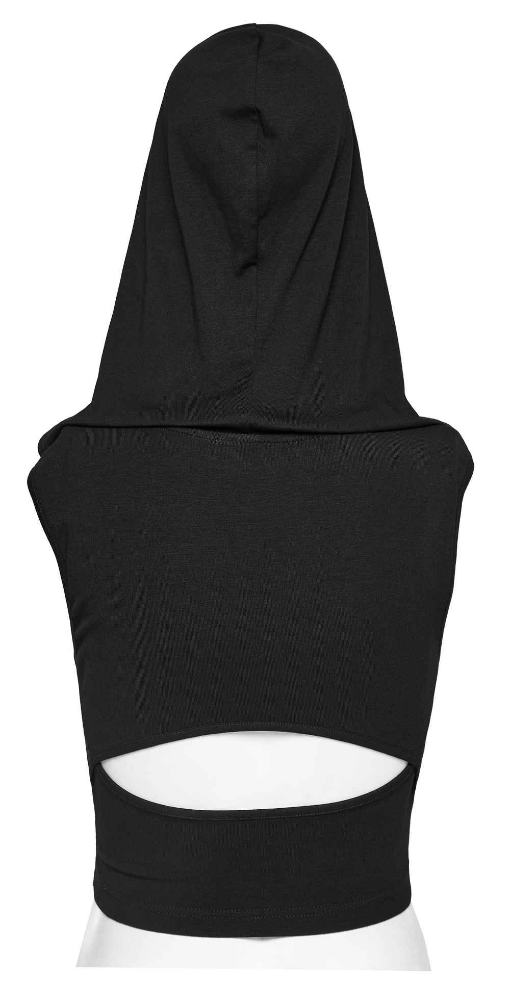 Back view of an edgy hooded cropped top with pleated design and hollow back, perfect for urban chic style.