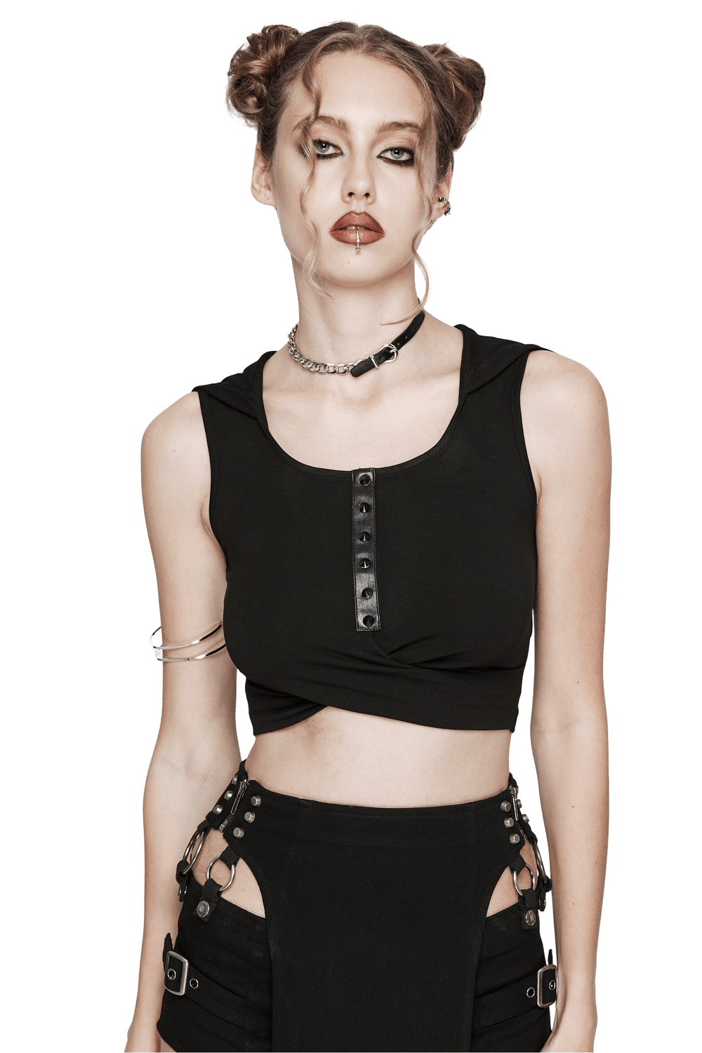 Edgy Hooded Cropped Top with Pleated Cross Design