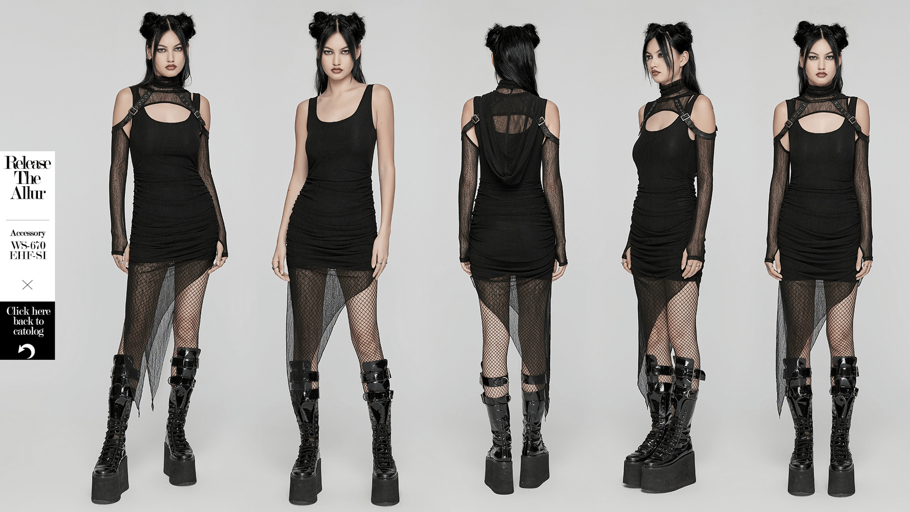 Edgy two-piece hooded dress with mesh details, asymmetrical hem, and adjustable hood for a dark aesthetic look.