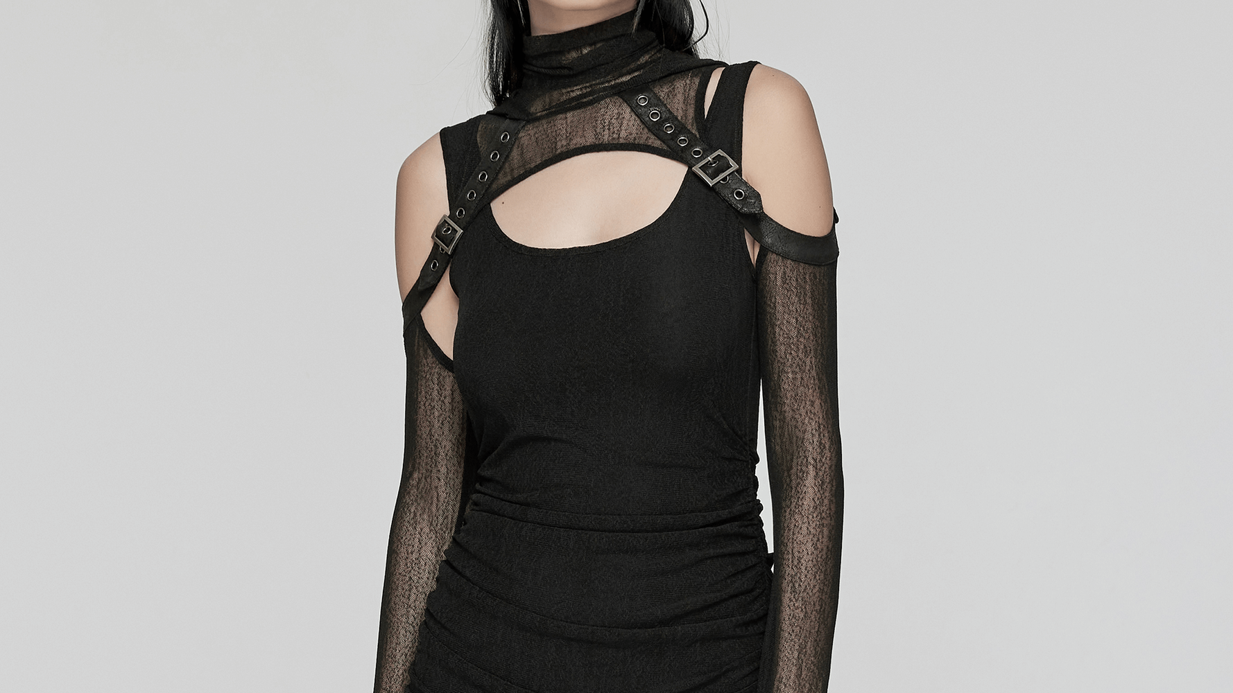 Edgy black dress with mesh sleeves and cutouts, featuring straps for a bold, dark aesthetic look.