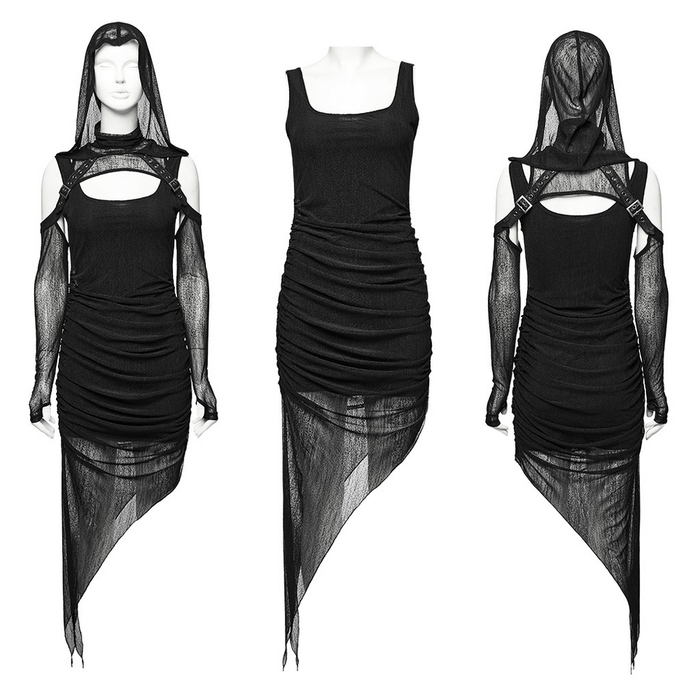 Edgy hooded two-piece dress showcasing mesh details and asymmetrical hem in dark aesthetic style.