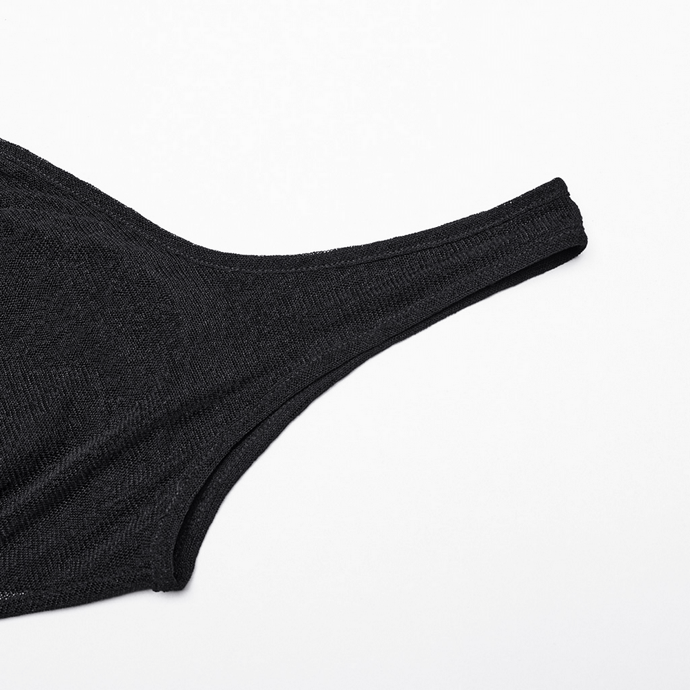 Close-up of a black knitted fabric showcasing a smooth strap, perfect for edgy fashion designs.