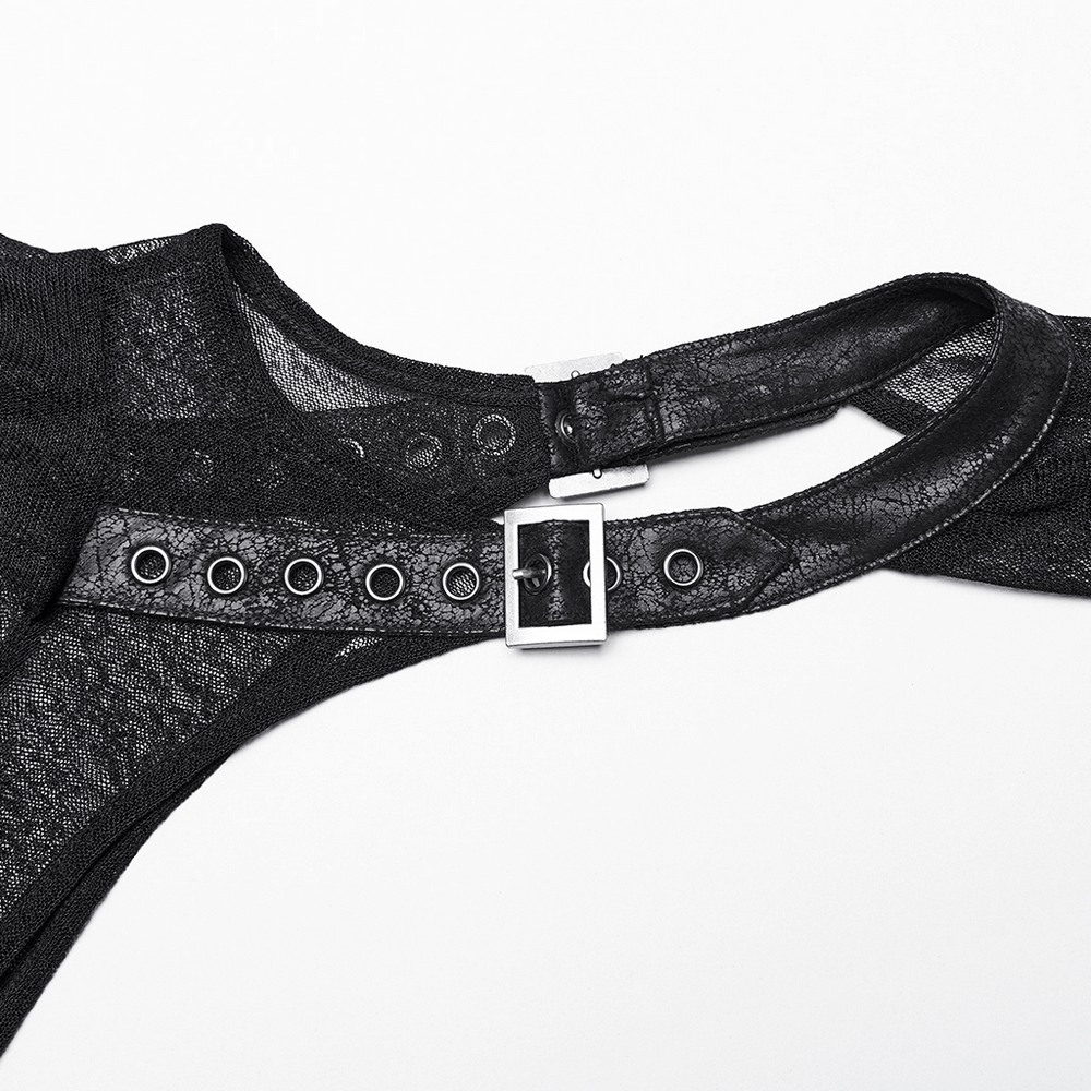 Close-up of black hooded dress neck with buckle and mesh details, showcasing edgy fashion design.