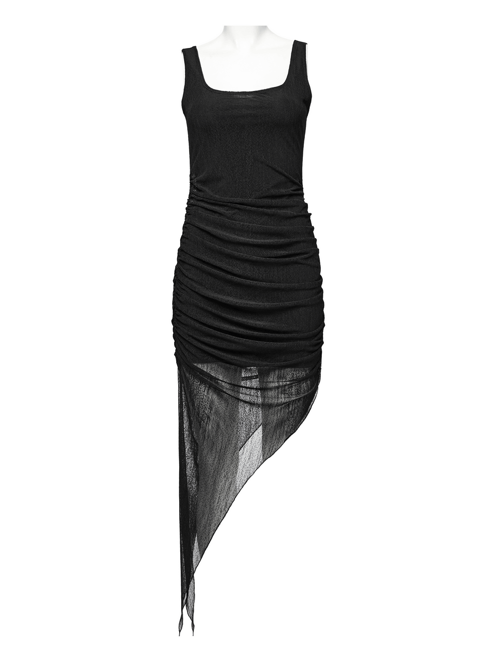 Edgy two-piece black dress with mesh details and asymmetrical hem, perfect for a dark aesthetic style.