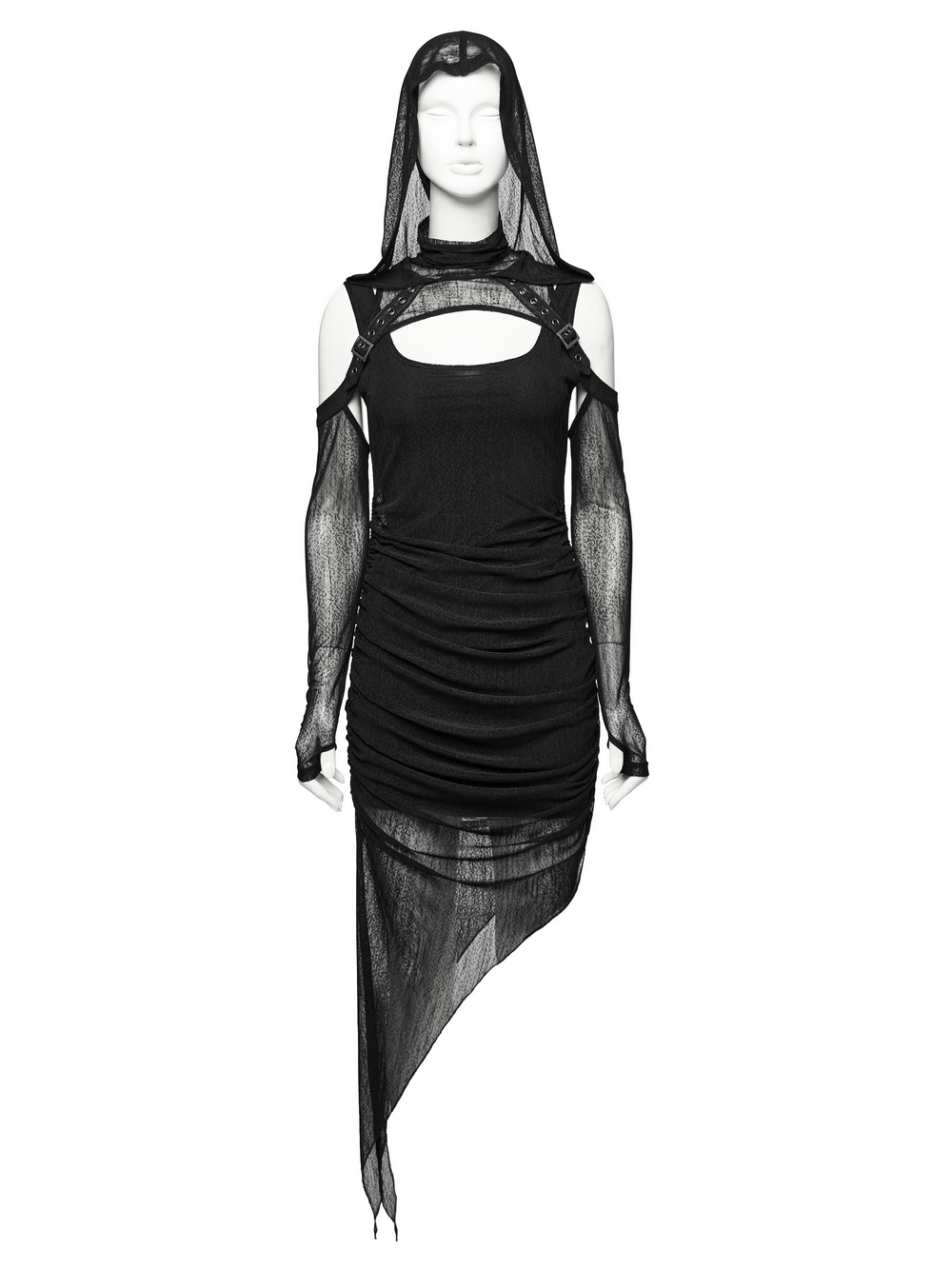 Edgy hooded two-piece dress with mesh details and asymmetrical hem, perfect for dark aesthetic fashion.