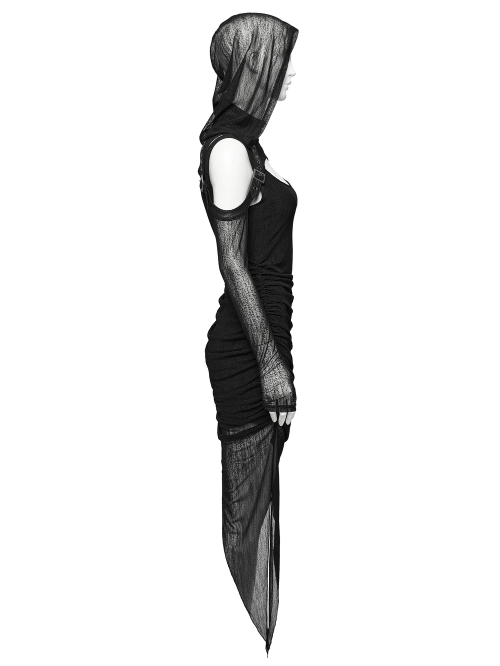 Edgy hooded wasteland two-piece dress with mesh details and irregular hem design, showcasing dark aesthetic style.
