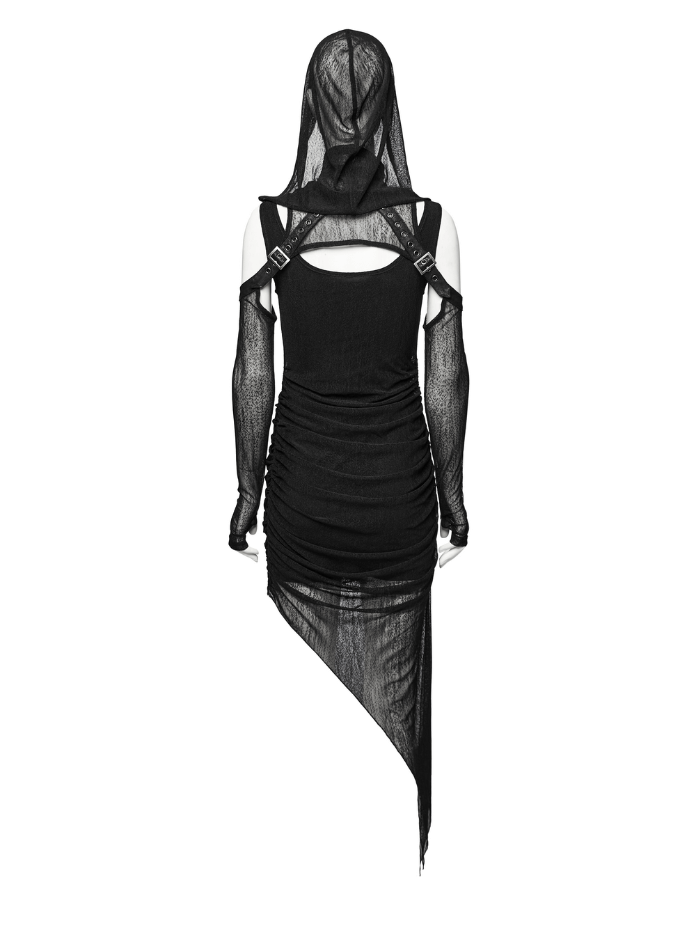 Back view of edgy hooded wasteland two-piece dress with mesh details and asymmetrical hem.