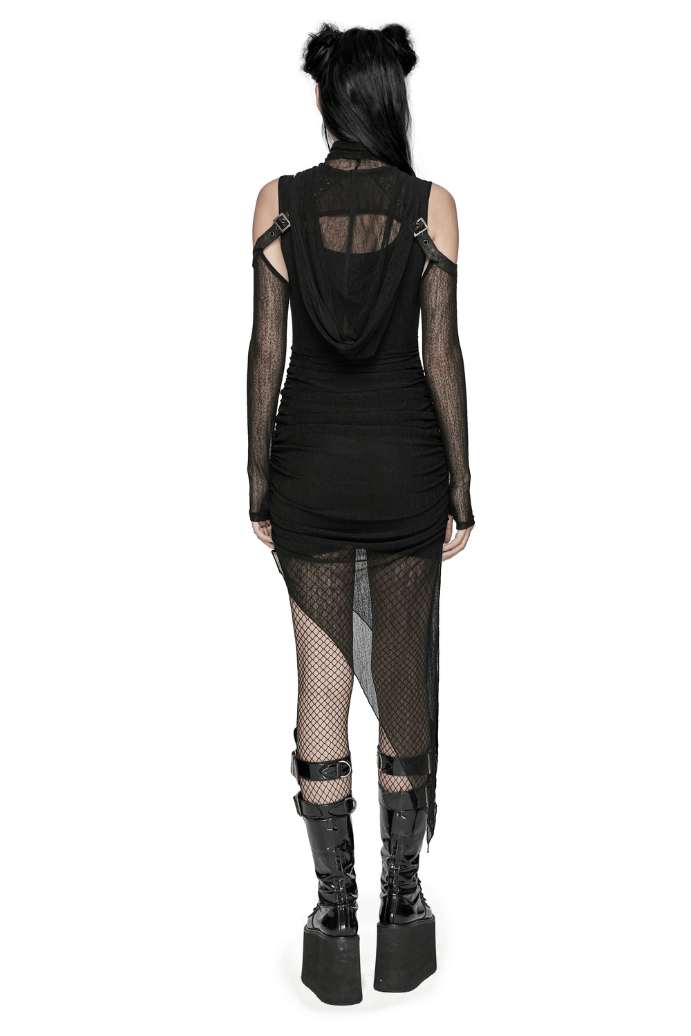 Back view of an edgy hooded wasteland two-piece dress with mesh details and asymmetrical hem.