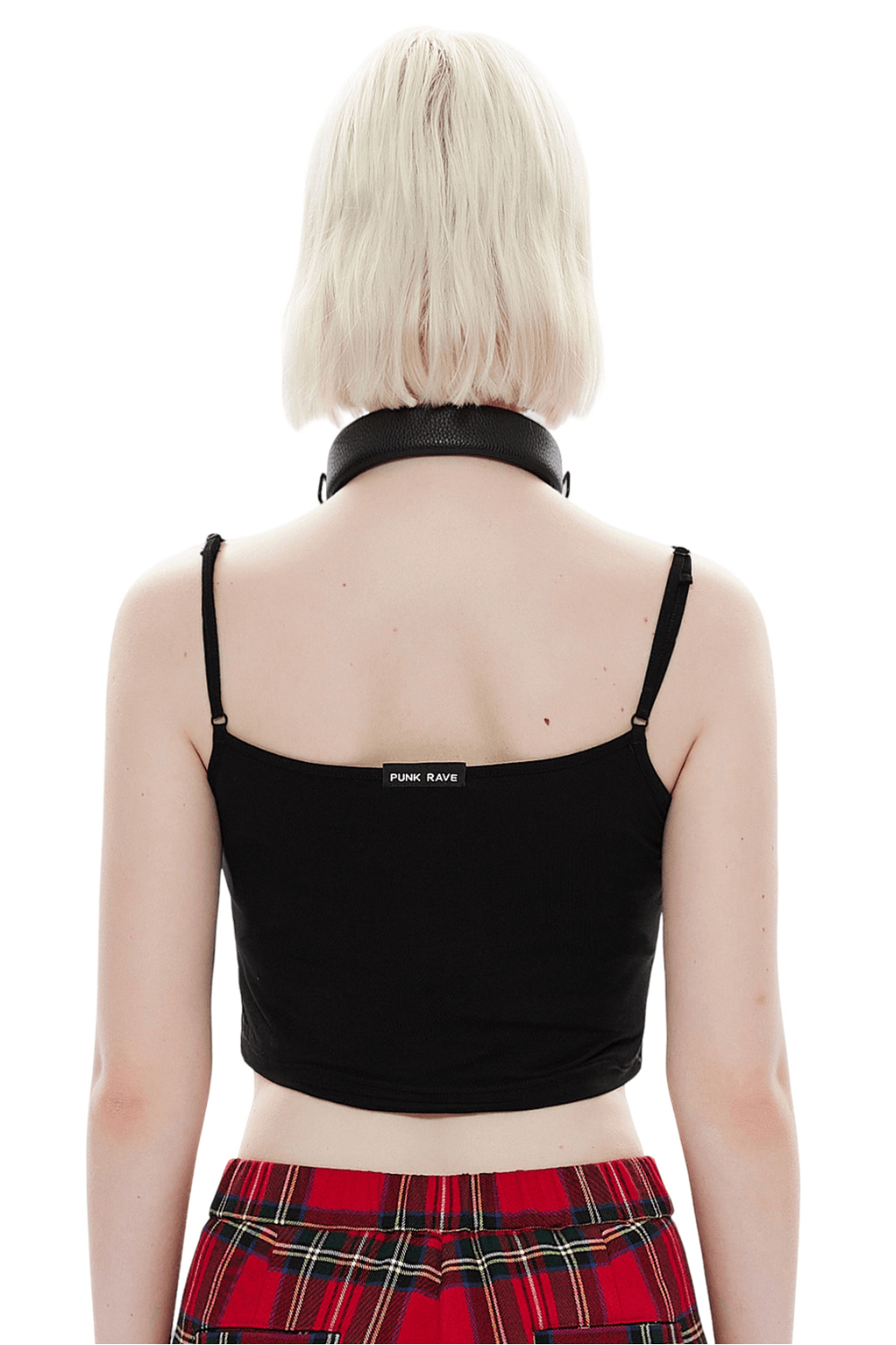 Back view of edgy knit camisole with detachable punk chain, showcasing adjustable straps and rebellious style.
