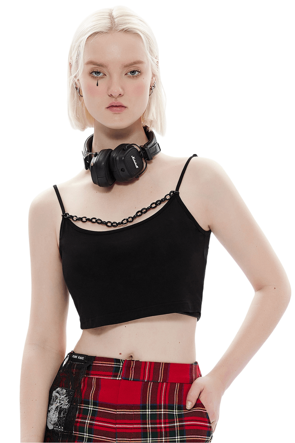 Edgy black knit camisole with detachable punk chain and adjustable straps, paired with headphones.