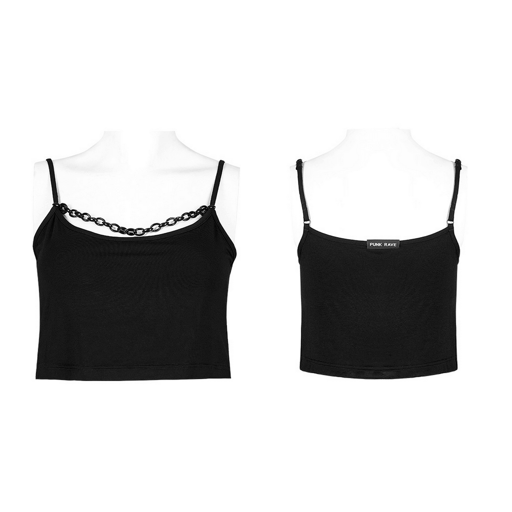 Edgy loose knit black camisole with detachable plastic punk chain, adjustable straps for a custom fit.