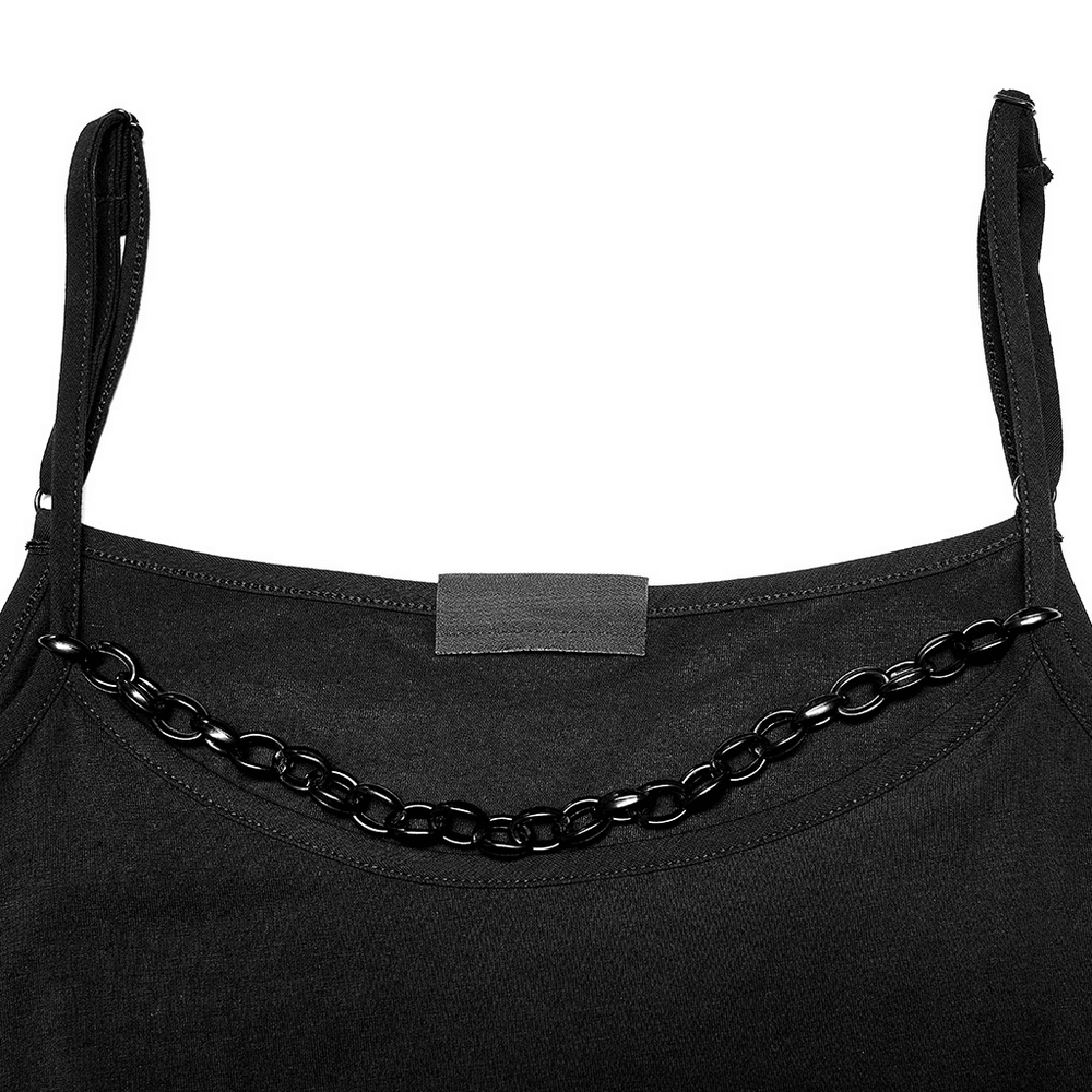 Edgy black knit camisole featuring a detachable punk chain for rebellious style and adjustable straps.