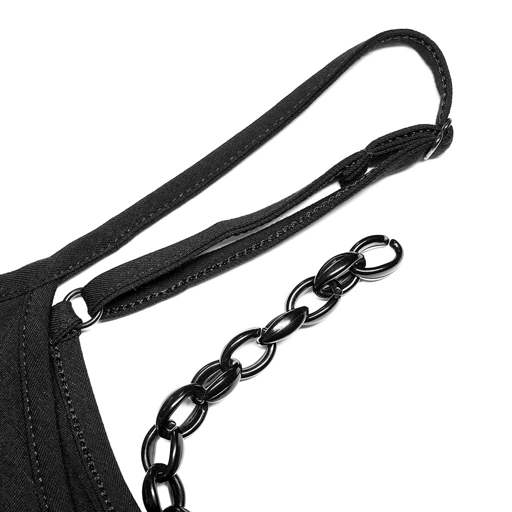 Close-up of black knit camisole strap with detachable punk chain for stylish edge.