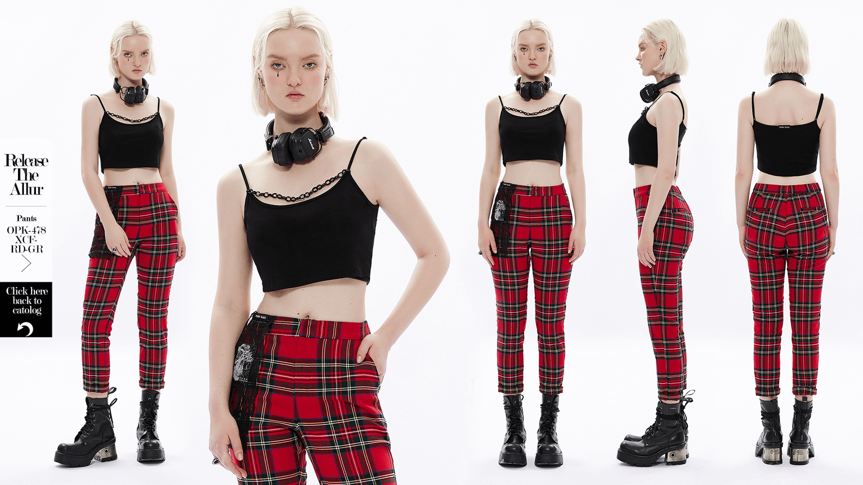 Edgy knit camisole with adjustable straps, paired with plaid pants, perfect for a rebellious punk style.