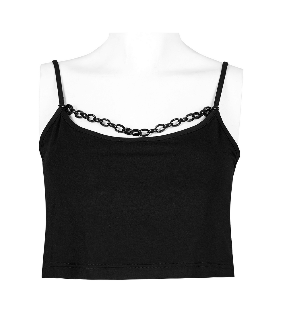 Black edgy knit camisole with adjustable straps and detachable punk chain for a rebellious look.