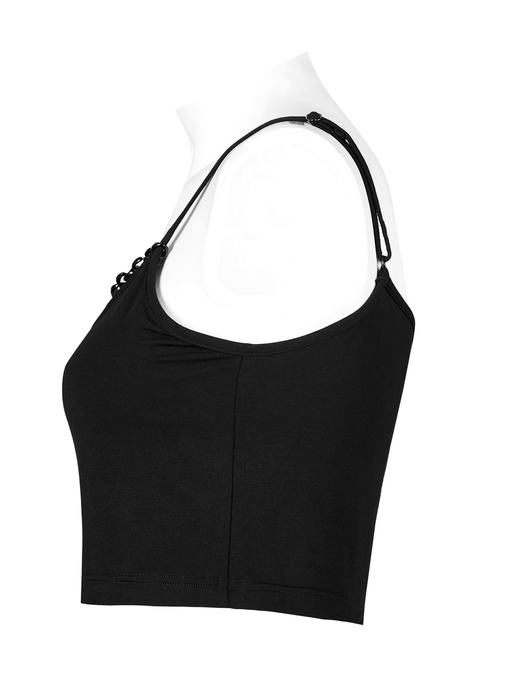 Edgy black knit camisole with adjustable straps and detachable punk chain, perfect for rebellious fashion lovers.