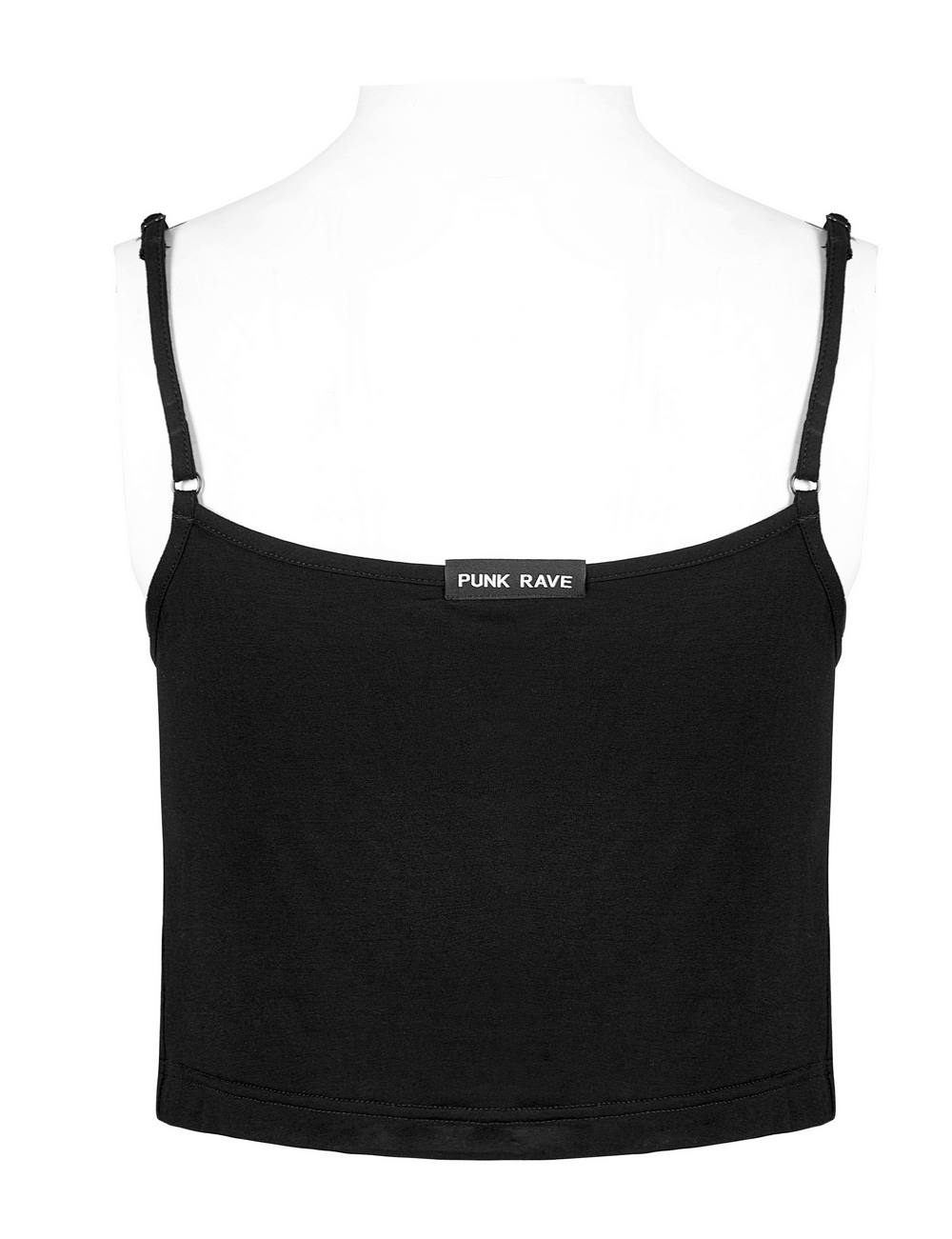 Back view of an edgy black knit camisole with adjustable straps and Punk Rave label.
