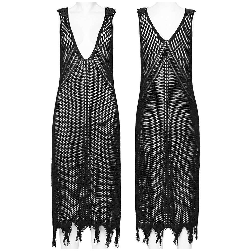Edgy black knit techwear V-neck dress with symmetrical slits and fringed hem for bold, stylish looks.