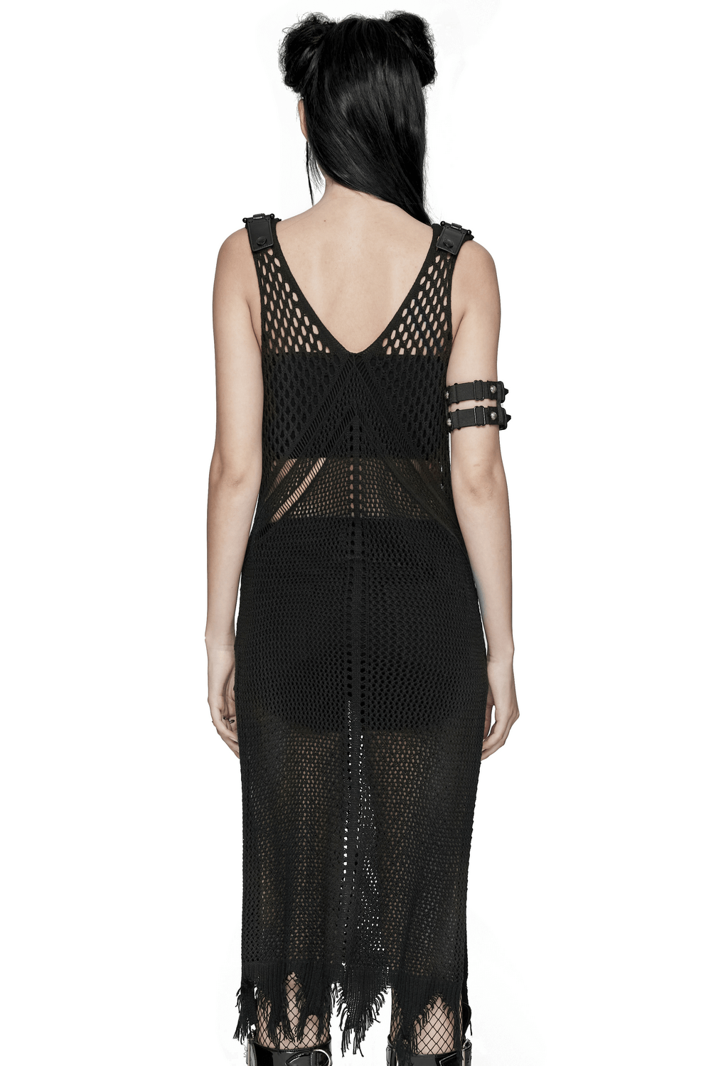 Back view of edgy knit techwear V-neck dress for women, showcasing unique textures and stylish slit hems.