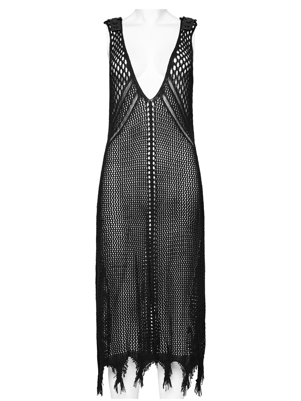 Futuristic knit techwear V-neck dress in black with slits and fringe for women, perfect for bold, edgy fashion.