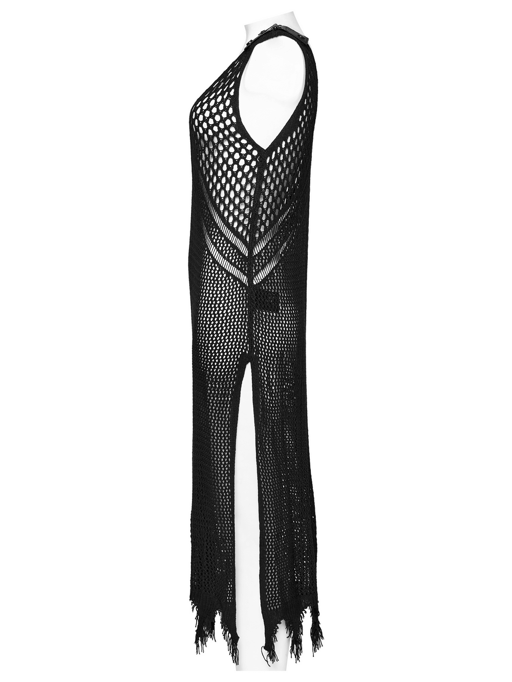 Edgy knit techwear V-neck slit dress for women in black, showcasing unique texture and daring design.