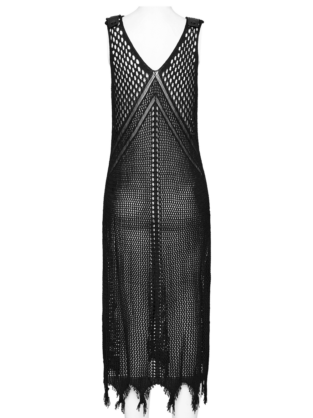Edgy black knit techwear dress featuring a large V-neck and unique back design with fringe details.